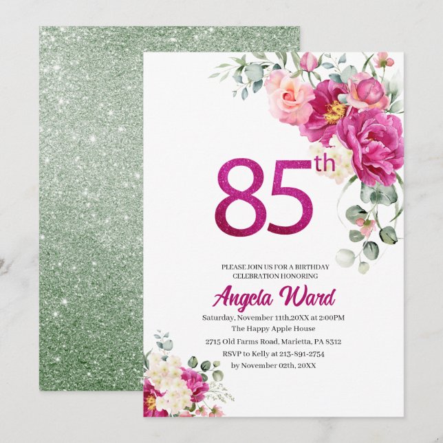 Elegant birthday celebration  floral glitter 85th  invitation (Front/Back)