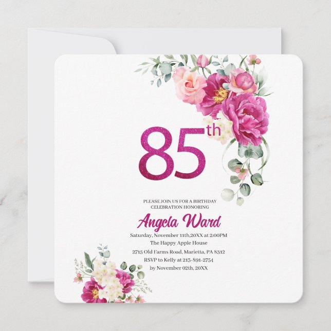 Elegant birthday celebration  floral glitter 85th  invitation (Front)