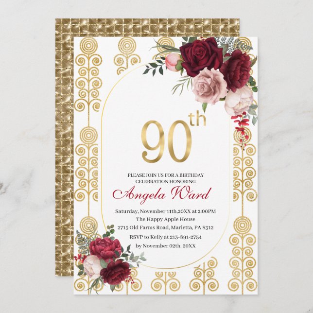 Elegant birthday celebration  floral glitter 90th  invitation (Front/Back)