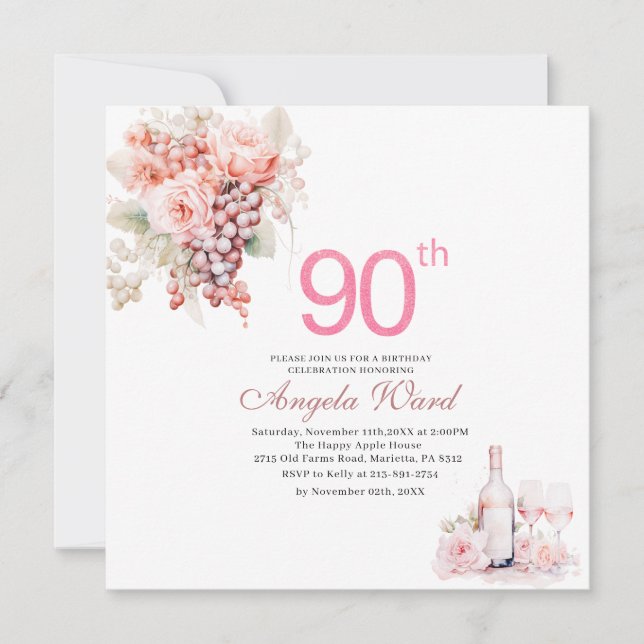 Elegant birthday celebration watercolor pink flora invitation (Front)