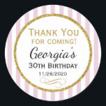 Elegant Birthday Favour Tags Pink Gold Thank You<br><div class="desc">Elegant birthday stickers featuring pink and white stripes with sophisticated gold glitter accent frame. These fashionable and stylish birthday stickers will be a hit for any birthday party decor and as favour tags. Great for 21st 30th 35th 40th 45th 50th 55th 60th 65th 70th 75th 80th 85th 90th 95th, 100...</div>