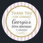 Elegant Birthday Favour Tags Pink Gold Thank You<br><div class="desc">Elegant birthday stickers featuring pink and white stripes with sophisticated gold glitter accent frame. These fashionable and stylish birthday stickers will be a hit for any birthday party decor and as favour tags. Great for 21st 30th 35th 40th 45th 50th 55th 60th 65th 70th 75th 80th 85th 90th 95th, 100...</div>