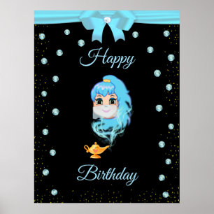 Elegant Birthday Genie, Magic Lamp & Gems on Black Poster