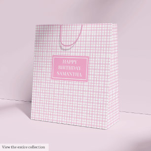 Elegant Birthday Gift Bag Pink Tartan Medium Size