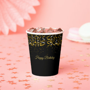 Elegant Birthday Golden Confetti on Black Paper Cups