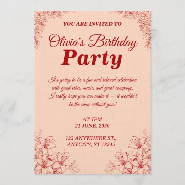 Elegant Birthday Invitation Card – Floral Design (Devant)