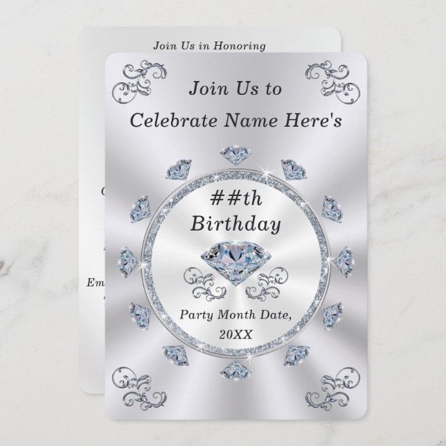 Elegant, Birthday Invitations for Adults, ANY YEAR (Front/Back)