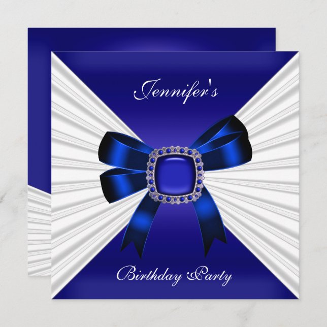 Elegant Birthday Invite Royal Blue Jewel White (Front/Back)