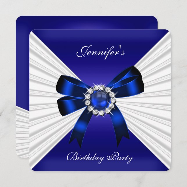 Elegant Birthday Invite Royal Blue Jewel White 2 (Front/Back)