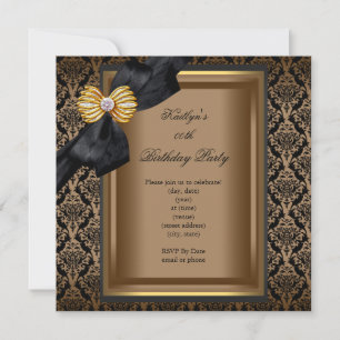 Elegant Birthday Party Black Damask Coffee Gold Invitation