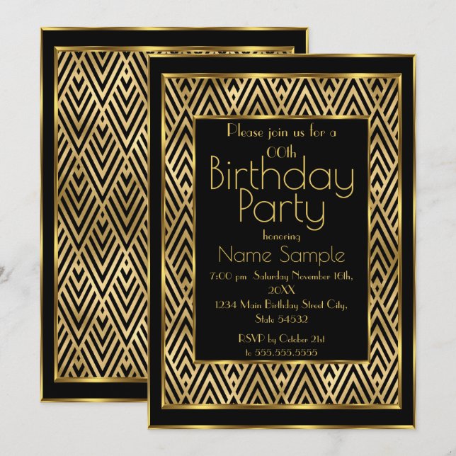 Elegant Birthday Party Black Gold Art Deco Chevron Invitation (Front/Back)