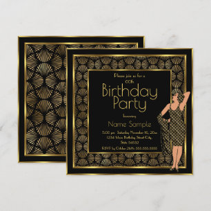 Elegant Birthday Party Black Gold Art Deco Lady 2 Invitation