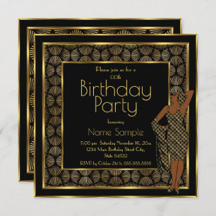 Elegant Birthday Party Black Gold Art Deco Lady Invitation