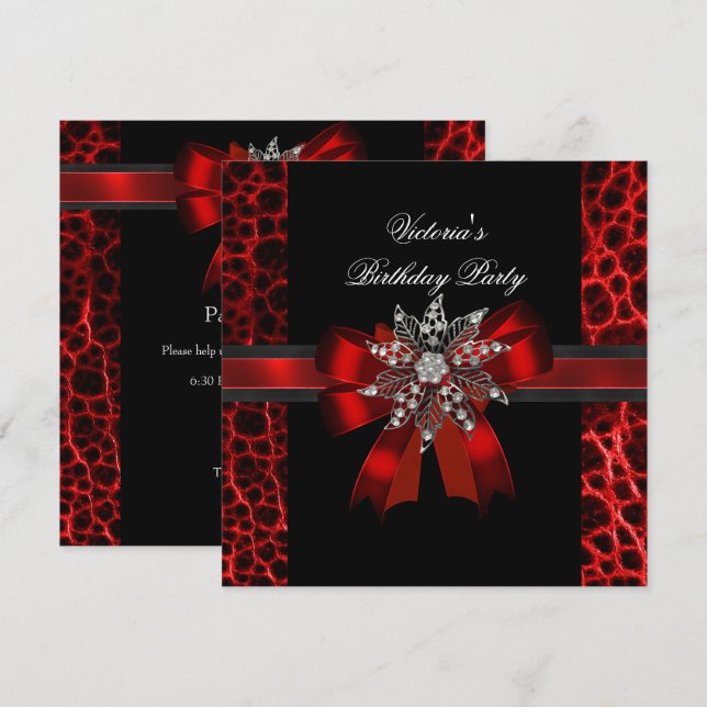 Elegant Birthday Party Black Red Bow Jewel Invitation (Front/Back)