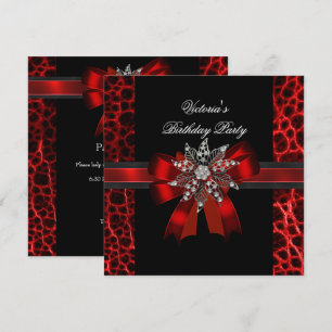 Elegant Birthday Party Black Red Bow Jewel Invitation