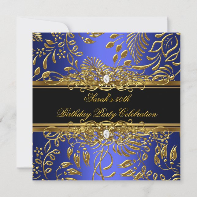 Elegant Birthday Party Blue Black Gold Damask Invitation (Front)