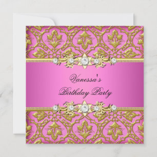 Elegant Birthday Party Damask Pink Gold Invitation