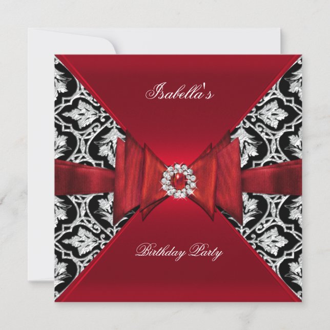 Elegant Birthday Party Damask Red Black Diamond Invitation (Front)