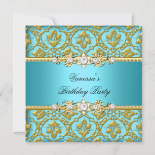 Elegant Birthday Party Damask Teal Blue Gold Invitation
