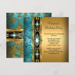 Elegant Birthday Party Damask Teal Blue Gold Invitation