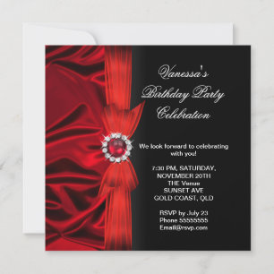 Elegant Birthday Party Deep Red Silk Black 3 Invitation