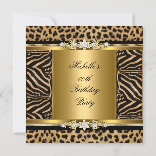 Elegant Birthday Party Gold Black Zebra Leopard Invitation (Front)