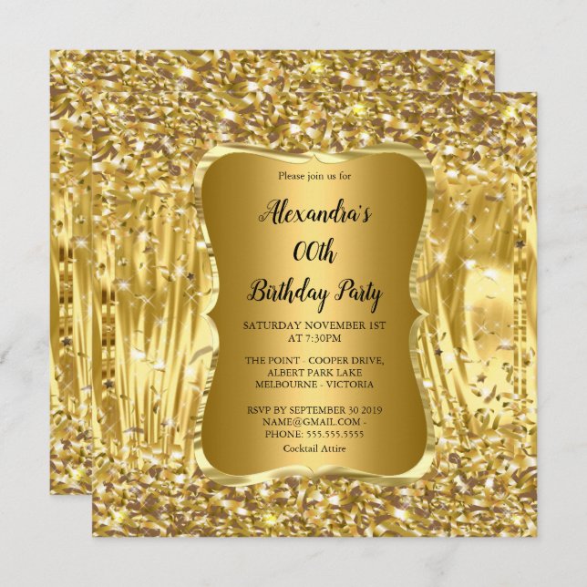 Elegant Birthday Party Gold Glitter Confetti Invitation (Front/Back)