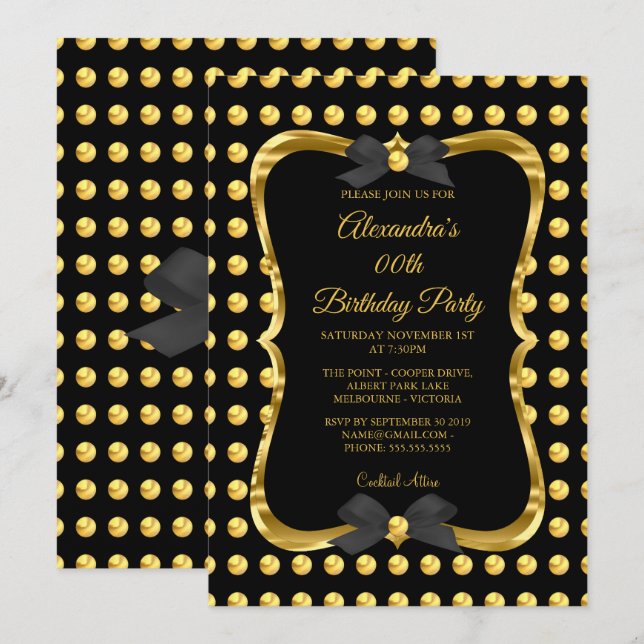 Elegant Birthday Party Gold Golden Black Spot Invitation (Front/Back)