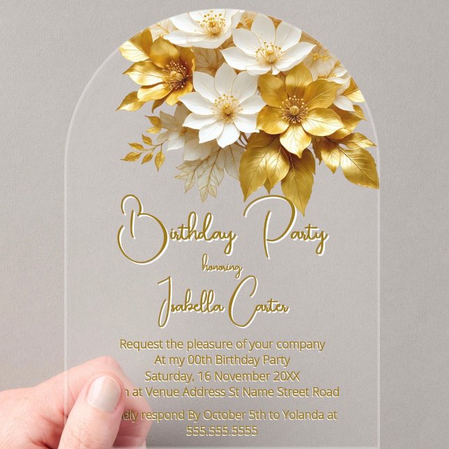 Elegant Birthday Party Gold White Flowers Floral Acrylic Invitations (Creator Uploaded)