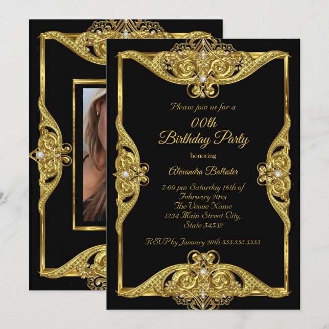 Elegant Birthday Party Photo Gold Frame Black Invitation (Front/Back)