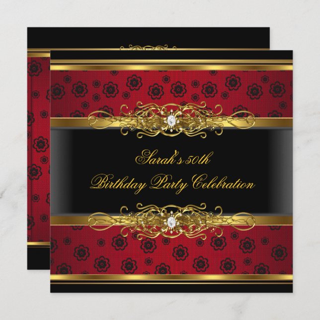 Elegant Birthday Party Red Black Gold Lace Invitation (Front/Back)