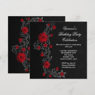 Elegant Birthday Party Red Black Silver Floral Invitation