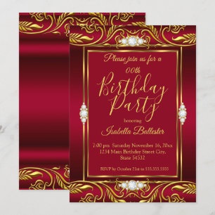 Elegant Birthday Party Red Burgundy Gold Jewels Invitation