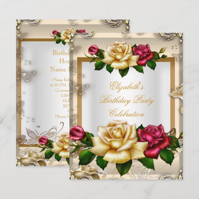 Elegant Birthday Party Roses White Gold Red Cream Invitation (Front/Back)