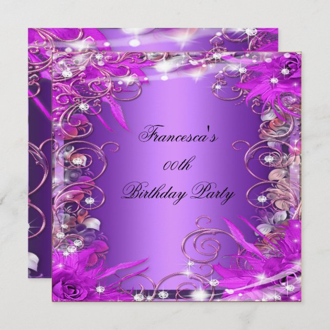 Elegant Birthday Party Silver Pink Purple Invitation (Front/Back)