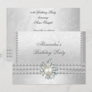 Elegant Birthday Party Silver White Diamond Pearl Invitation