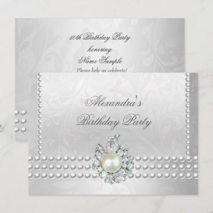 Elegant Birthday Party Silver White Diamond Pearls Invitation