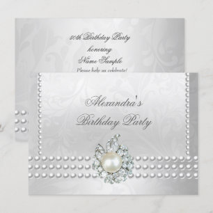 Elegant Birthday Party Silver White Diamond Pearls Invitation