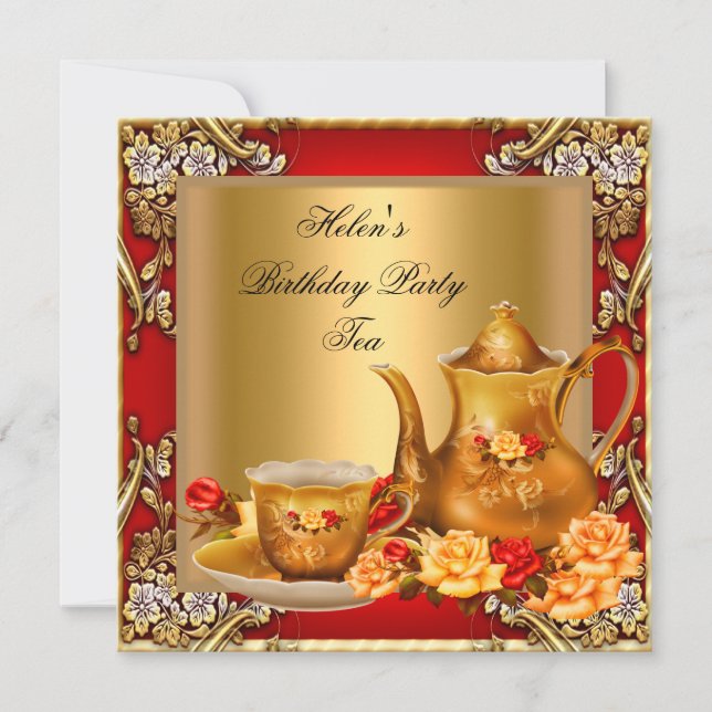 Elegant Birthday Party Tea Red Gold Roses Invitation (Front)
