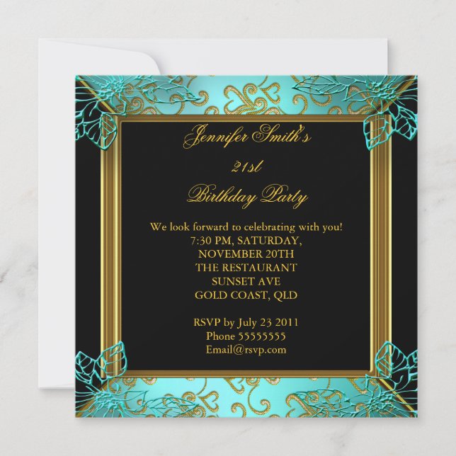 Elegant Birthday Party Teal Black Gold Damask Invitation (Front)