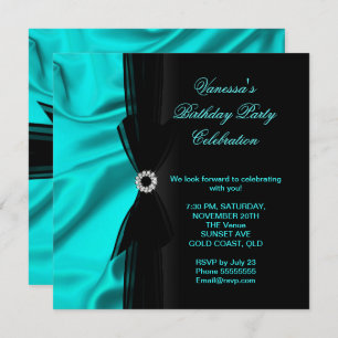 Elegant Birthday Party Teal Blue Silk Black Invitation