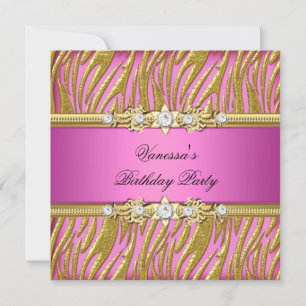 Elegant Birthday Party Zebra Pink Gold Invitation