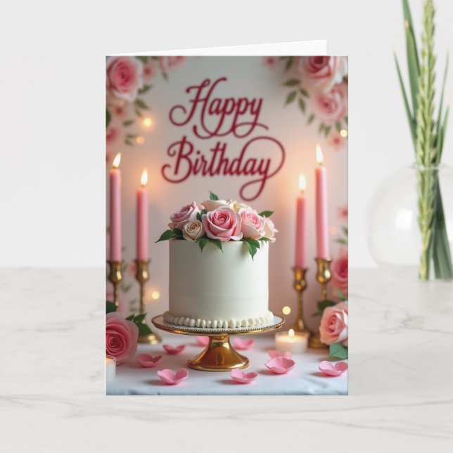 Elegant Birthday Rose Cake Card (Front)
