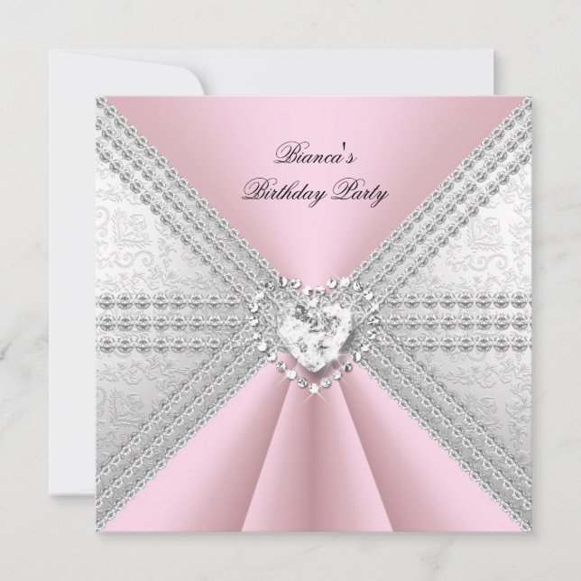 Elegant Birthday Silver Pink Diamond Heart Invitation (Front)