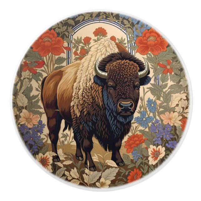 Elegant Bison William Morris Inspired Ceramic Knob (Front)