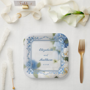 Elegant Biue & White Overlay Flowers wedding Paper Plate