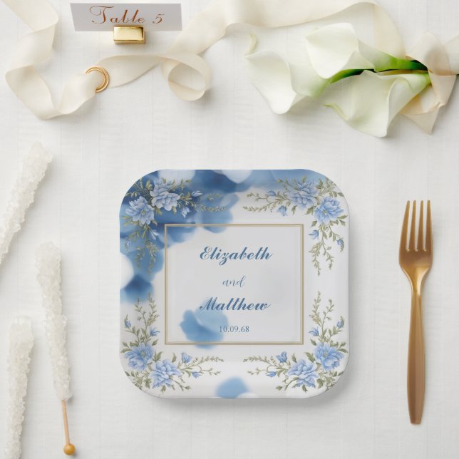 Elegant Biue & White Overlay Flowers wedding Paper Plate (Wedding)