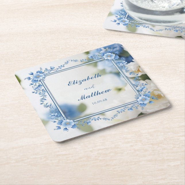 Elegant Biue & White Overlay Flowers wedding Square Paper Coaster (Angled)