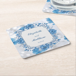 Elegant Biue & White Overlay Flowers wedding Square Paper Coaster