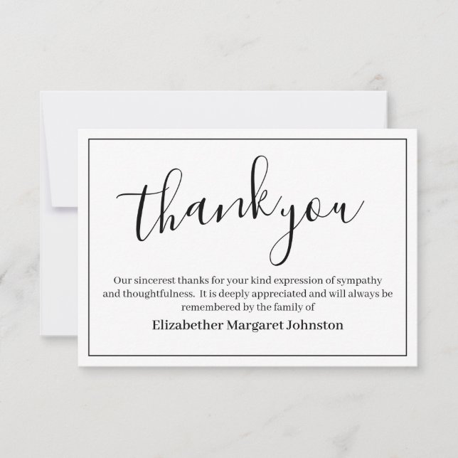 Elegant Blac Script  Funeral Thank You Bereavement Card (Front)